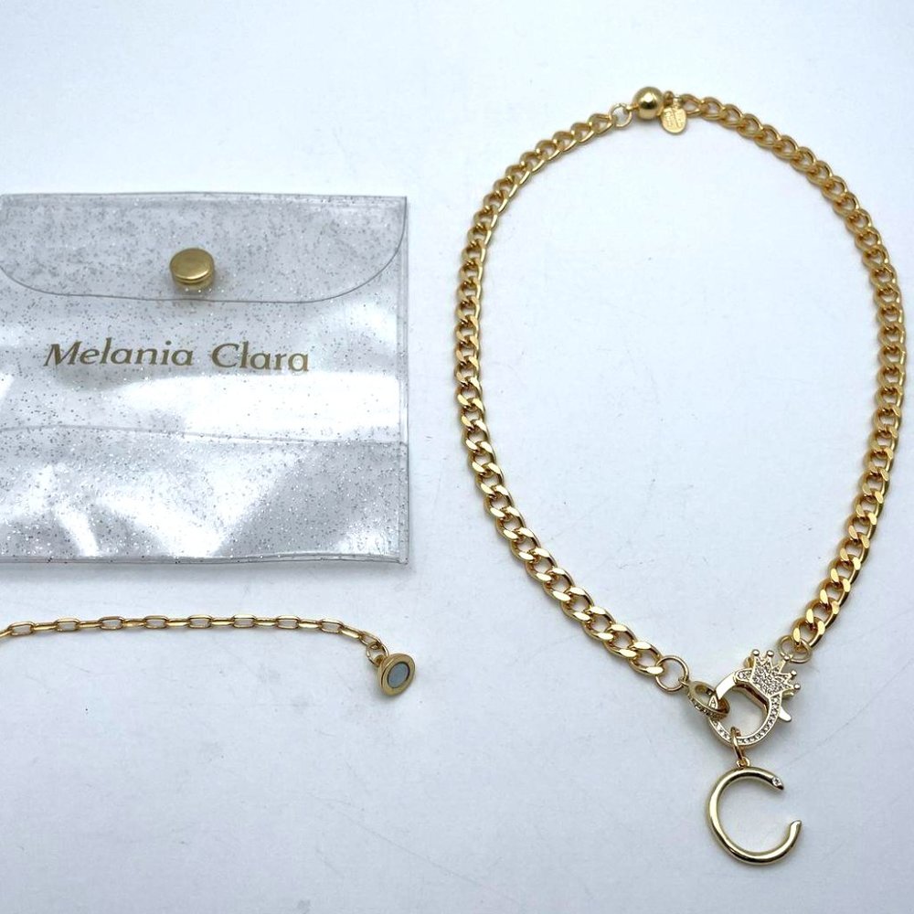 Melania Clara Women's Gold Tone Crown Hook Letter C Pendant Chain Necklace